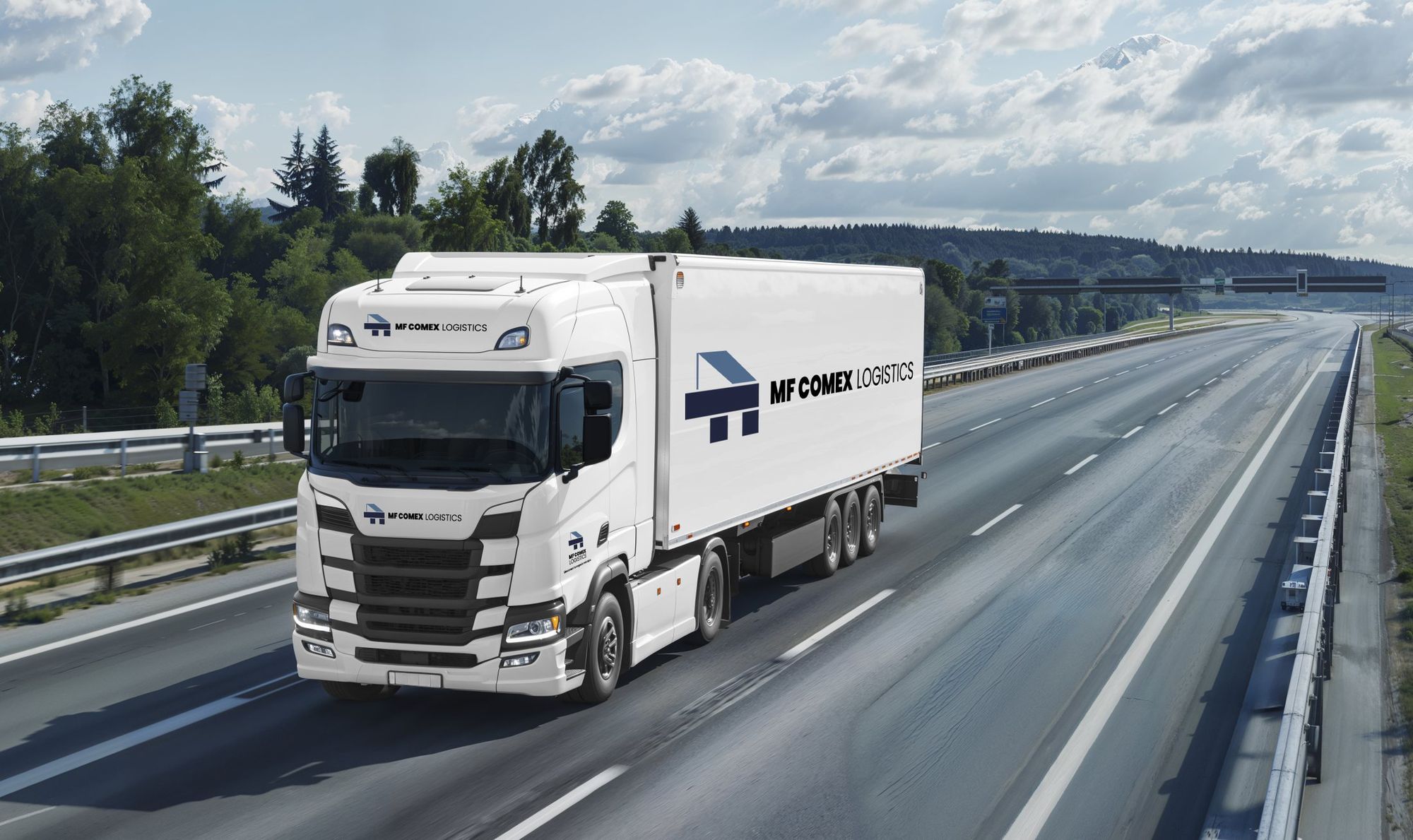 Camión con semirremolque de MF Comex Logistics en ruta